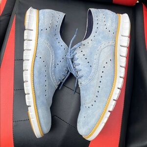 Cole Haan Light Blue Suede Wingtip Derbys with White Sole